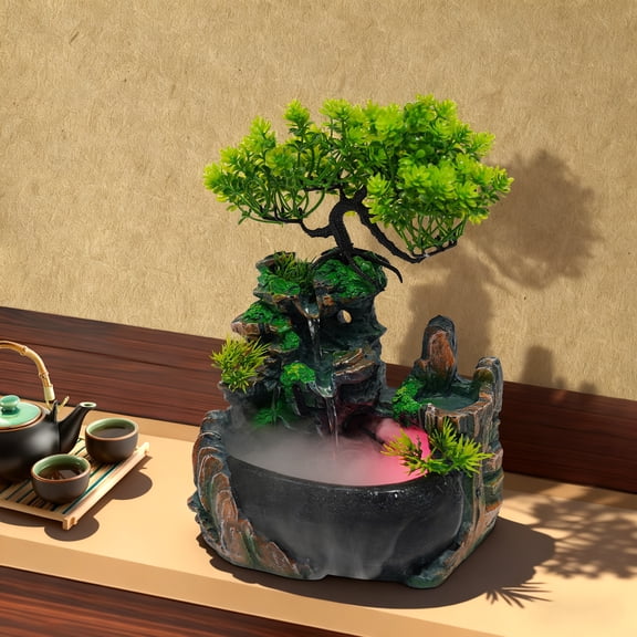 LED Tabletop Water Fountain with Mist & Natural Rock Resin – Relaxing Indoor Desktop Waterfall Decor, Feng Shui Wealth Ornament, Soothing Water Sound & Mood Lighting for Home Office