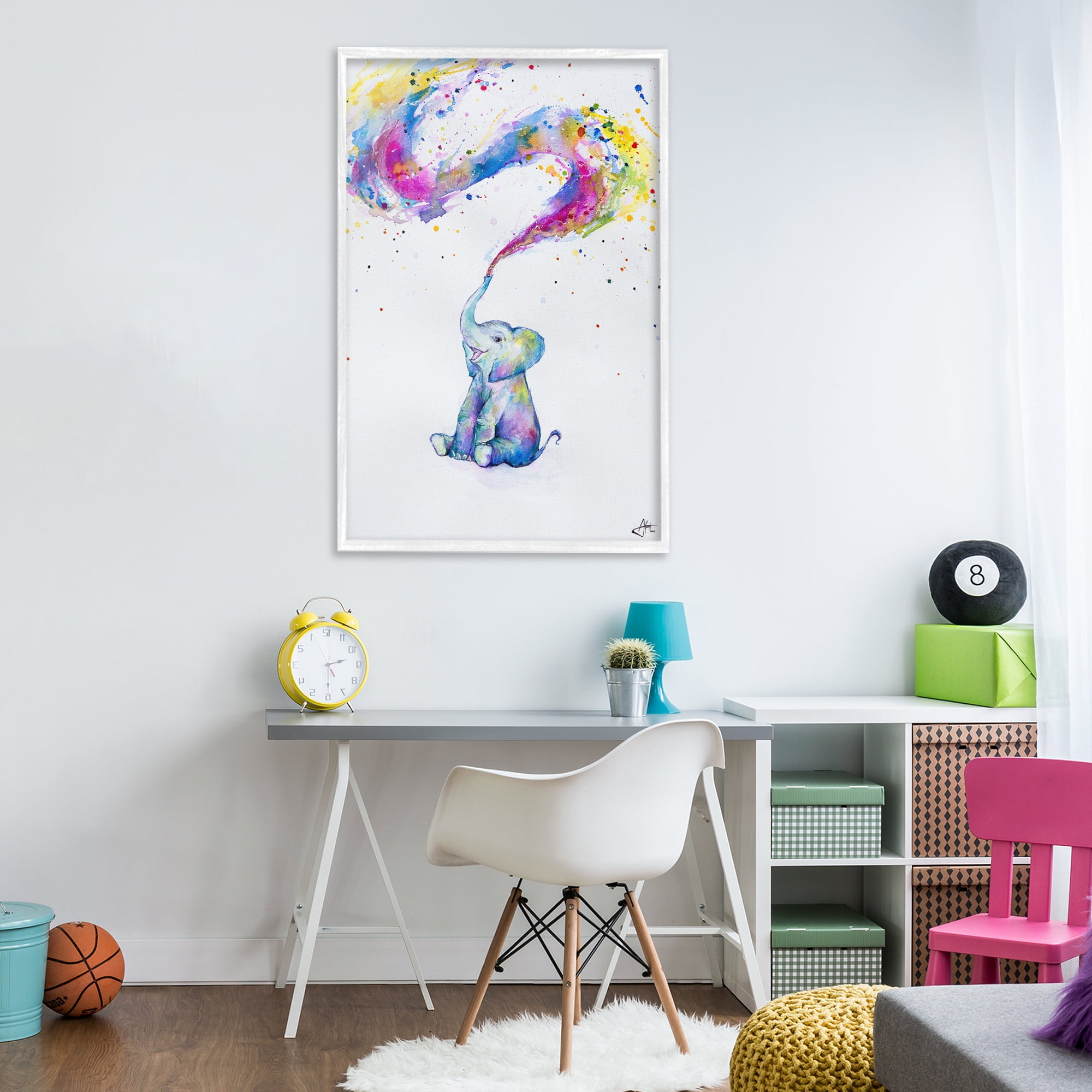 Stupell Industries Spring Elephant & Paint Splatter White Framed Giclee Art, design by Marc Allante