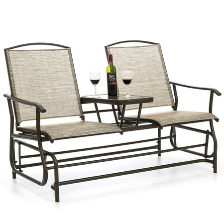 Best Choice Products 2-Person Outdoor Mesh Patio Double Glider w/ Tempered Glass Attached Table, Weather-Resistant Fabric - Tan