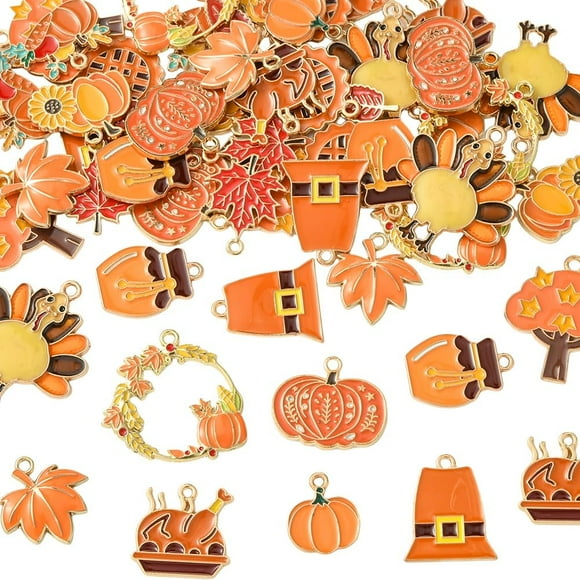1 Box 56Pcs 14 Styles Thanksgiving Jewelry Making Charms Harvest Charms Bulk Gold Metal Alloy Enamel Fall Autumn Holiday Pumpkin Maple Leaf Turkey Pendants for Earrings Bracelet DIY Crafts