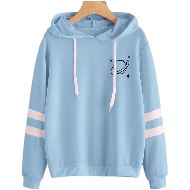 Sudadera con capucha y cordón para mujer con estampado de planetas Varsity a rayas Adepaton WMZY-680-30