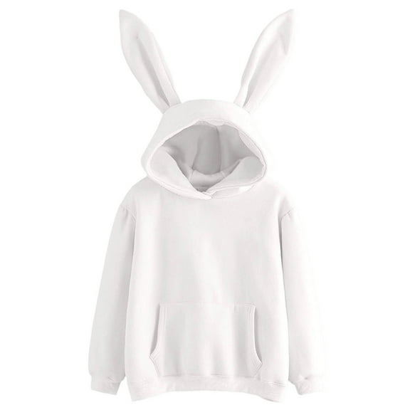Women Teen Girls Hoodie Fleece Fuzzy Sweatshirt With Bunny Ear White M