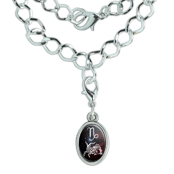 Capricorn Fish Goat Zodiac Sign Horoscope in Space Silver Plated Bracelet with Antiqued Oval Charm