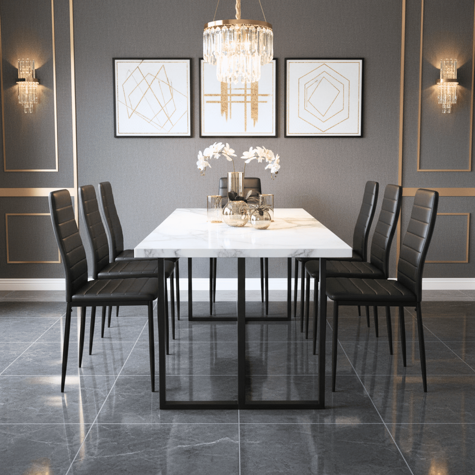 Homy Casa Set of 6 Upholstered Dining Chairs, Slim-Back Fabric Seat with Metal Legs, Black