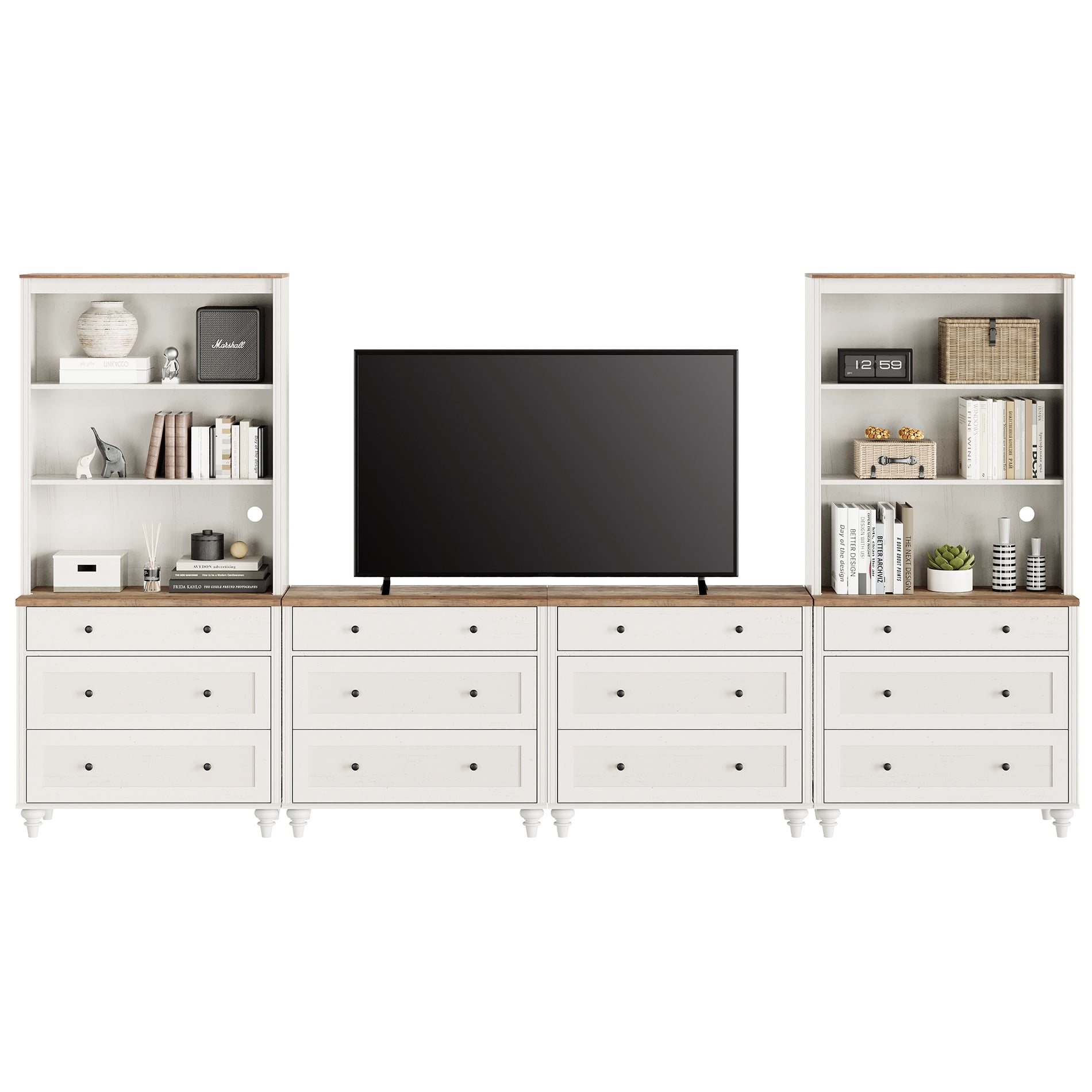Entertainment Center with Bookshelves for TVs up to 75", Farmhouse Wall Unit TV Stand with Drawers, Media Console Table for Living Room, Bedroom & Home Theater, White