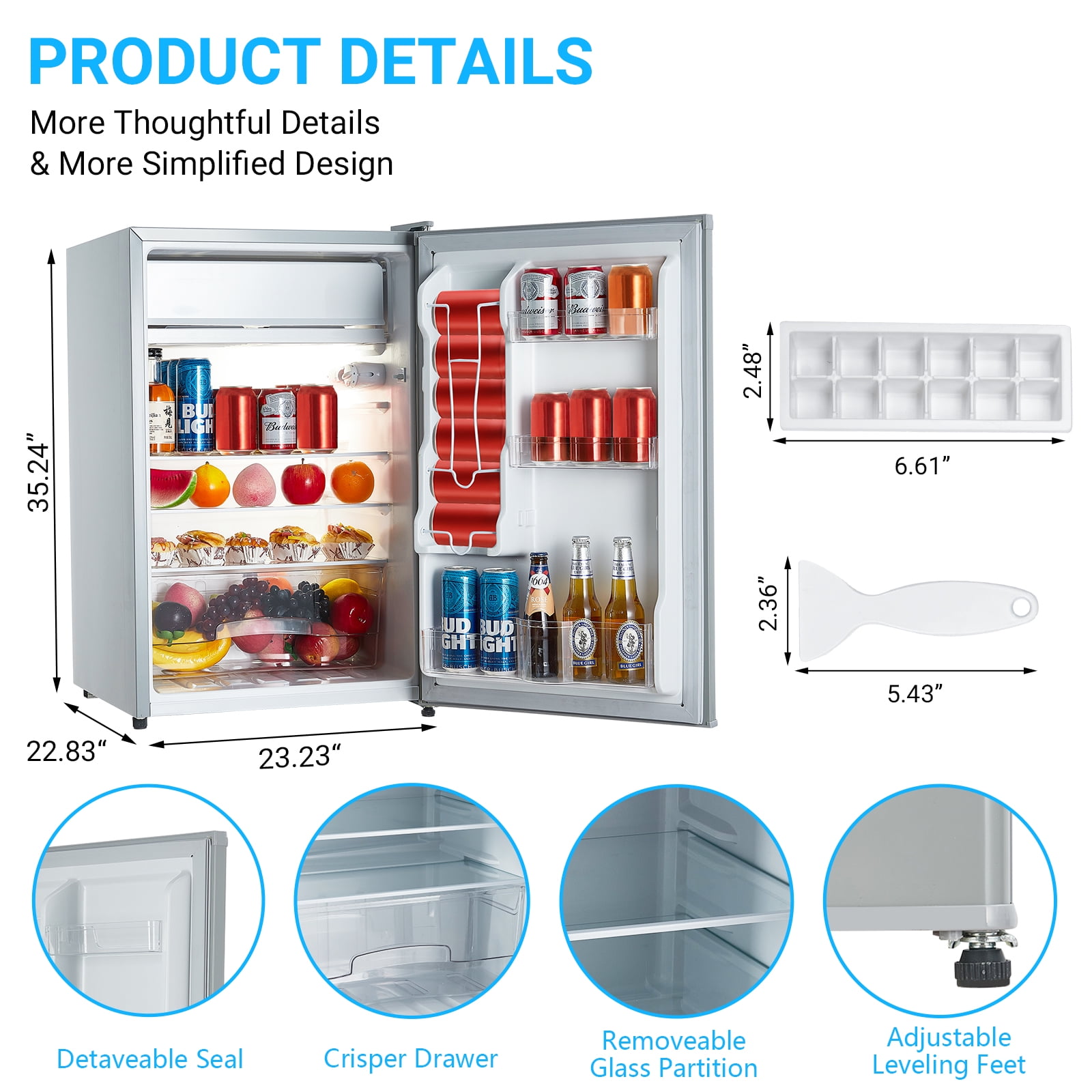 4.3 Cu.Ft Compact Mini Fridge with Freezer – Single Door Refrigerator, 7-Setting Temperature Control, Removable Shelves, Crisper Drawer, Low Noise, for Bedroom, Office, Dorm, RV – White