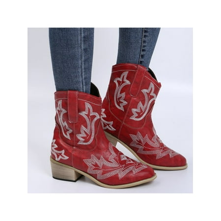 

Woobling Women Vintage Booties Embroidered Western Boot Mid Calf Cowgirl Boots Womens Winter Shoes Comfort Wide-Calf Non-Slip Red 4