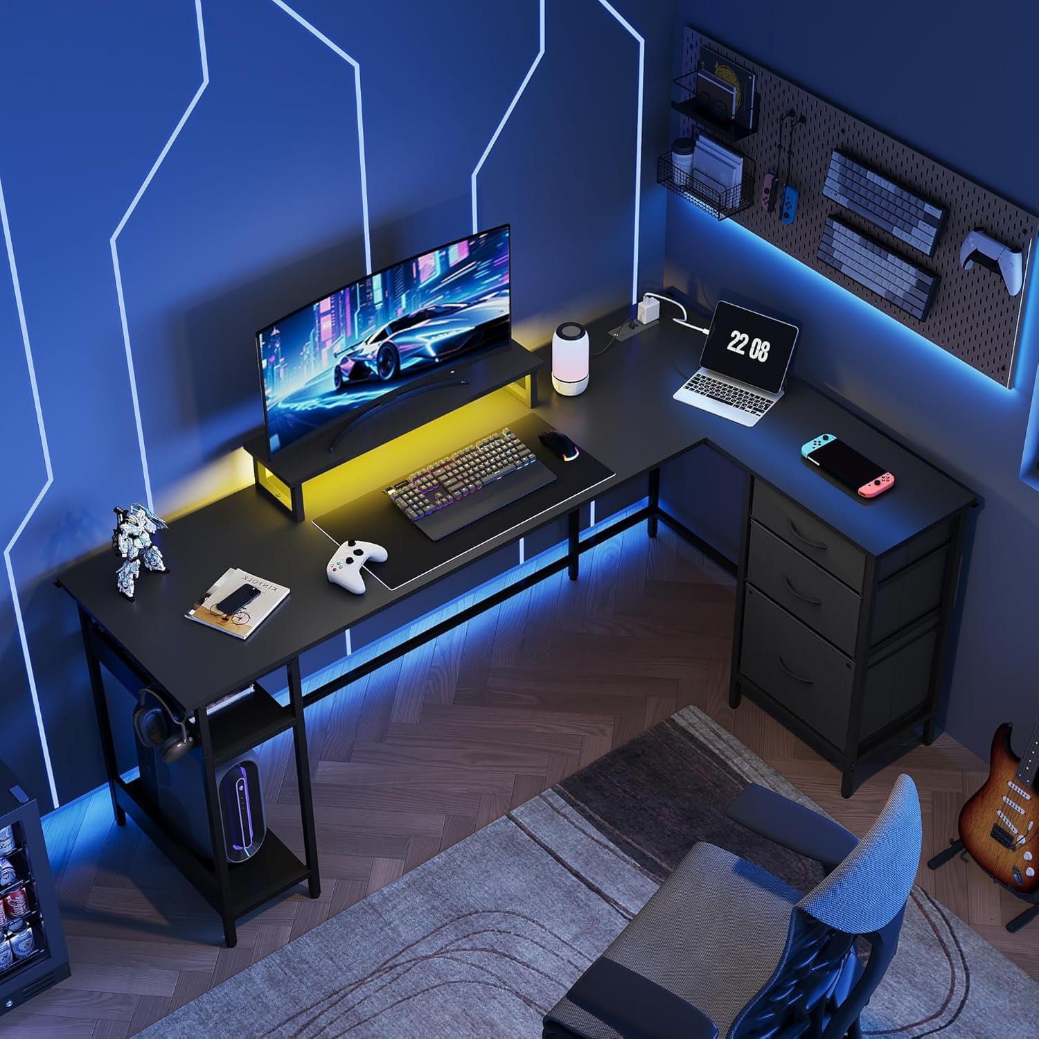 HZAT L Shaped Desk with Drawers, L Shaped Gaming Desk with Power Outlets, LED Lights, Monitor Stand, Computer Table, Large Corner Desk for Home Office (Black, 66 Inch)