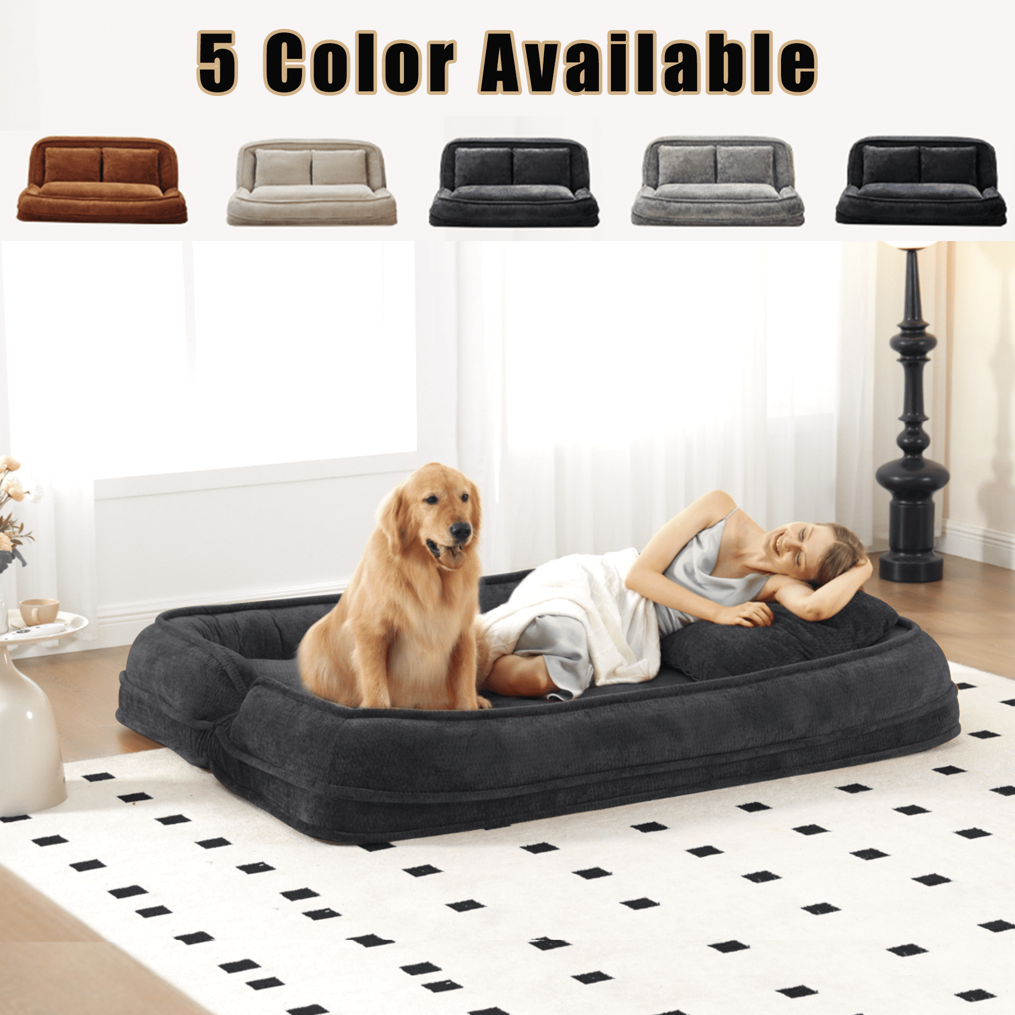ZephyPaws Double Human Dog Bed,Extra Large Floor Couch with 5 Adjustable Position,Foldable Lazy Sofa Bed with Plump Pillow,2-in-1 Loveseat Couch Fits You & Pets, Plush Chenille,Gray