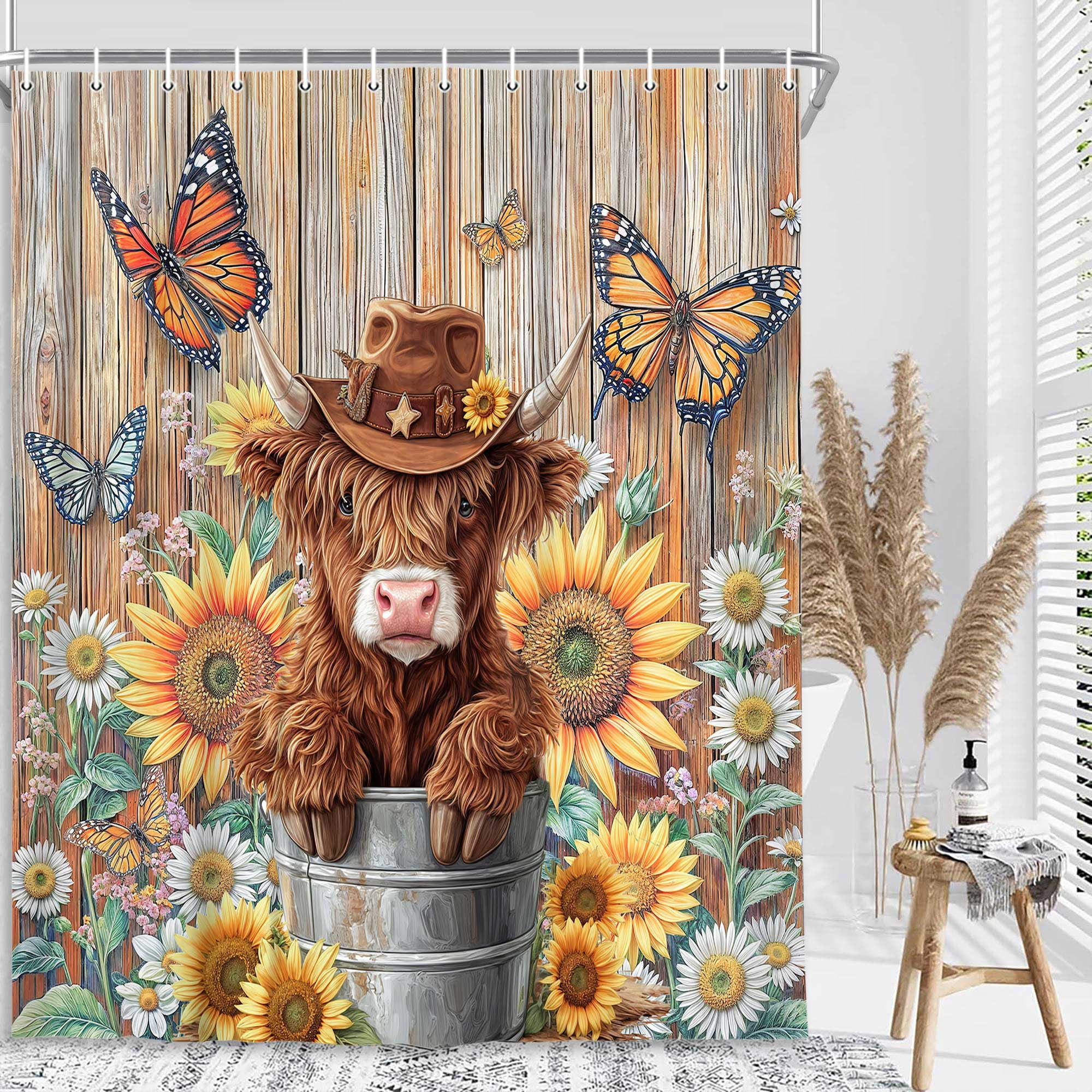 Highland Cow Shower Curtain, Farmhouse Sunflower Country Rustic Bull Cute Western Farm Cattle Wooden Board Fabric Cloth Shower Curtains Wild Animal Hunting Bathroom Accessories with Hooks,72X72in