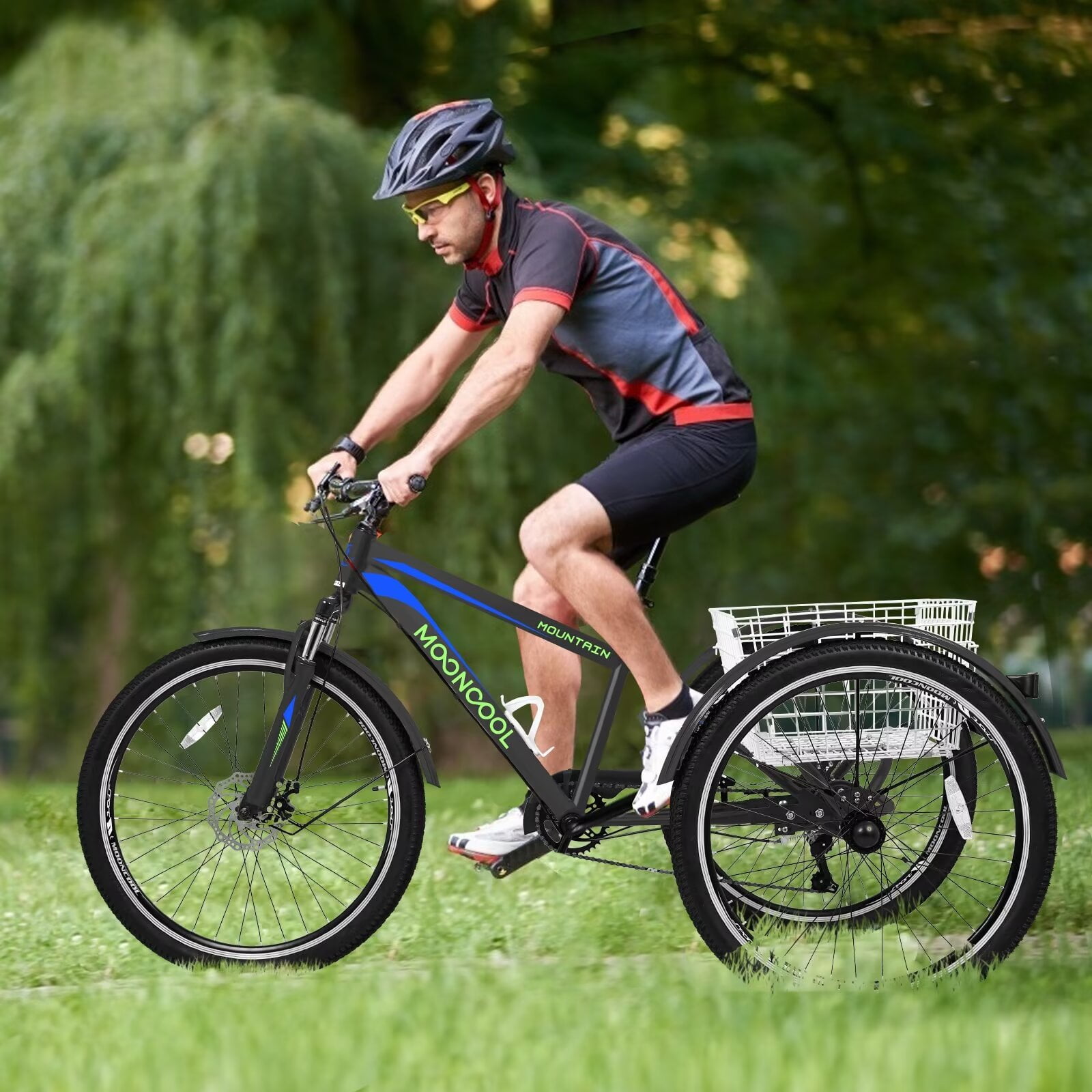 MOPHOTO 24"/26" Mountain Tricycle for Women/Men, 7 Speed Adult Mountain Trike Bicycle with Big Basket, 3 Wheel Bike Cruise Bike, Adult Trike, for Exercise