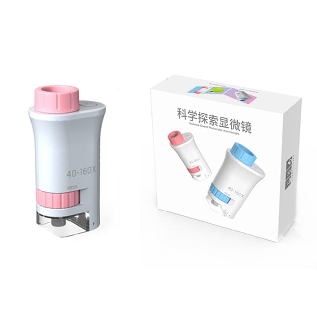 Kids Science Experiment Pocket Microscope Toy Kit, Handheld 40-160x Magnification LED Light Educational Toy for Children, Portable Learning Gift, Blue/Pink