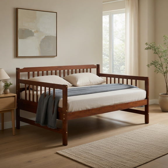 Demi Bonn Twin Size Wooden Slats Daybed Bed with Rails, Modern Bed Frame for Teens, Brown