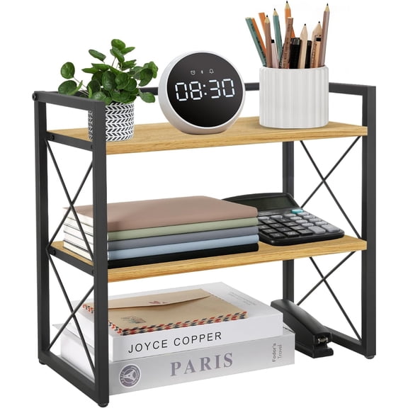 Desktop Shelf Organizer, 2 Tier Office Shelves, Wood Desk Organizer Storage Rack and Freestanding Display Shelf for Office, Dormitory, Home