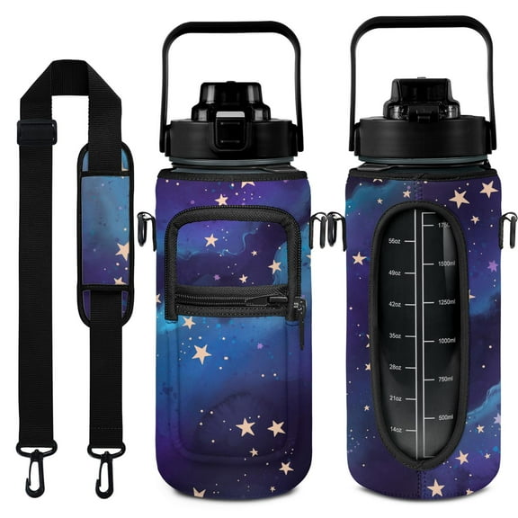 Starry Sky 64 Oz Water Bottle with Sleeve - BPA Free Leakproof Sport Large Plastic Water Bottle with Straw & Time Marker & Insulated Neoprene Holder Carrier Bag Great Gift for Women Men