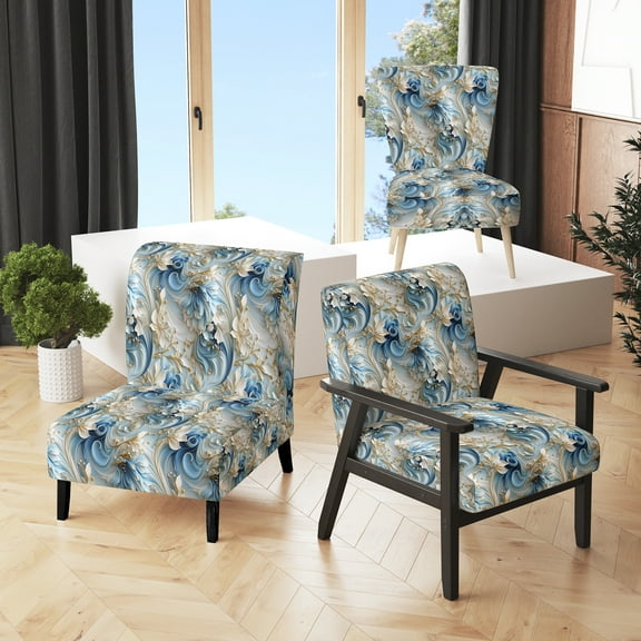 Designart "Swirling Rococo Ethereality II" Blue Floral Upholstered Accent Chair - Cottage Arm Chair For Bedroom