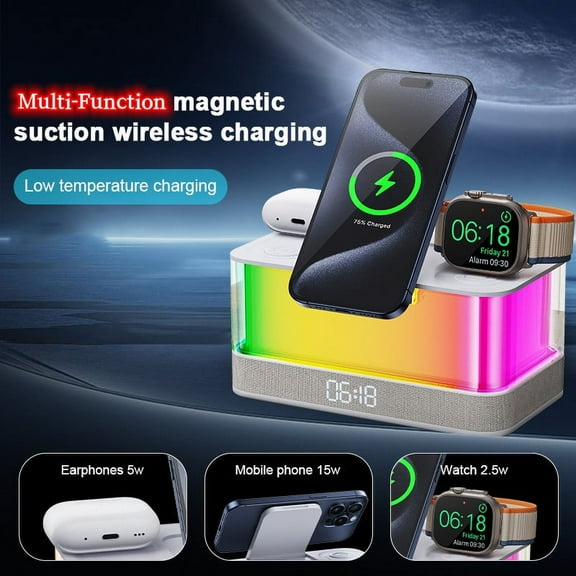 E EYAFA Multi-Function Wireless Charger with Night Light Bluetooth Speaker for iPhone/Airpods/iWatch