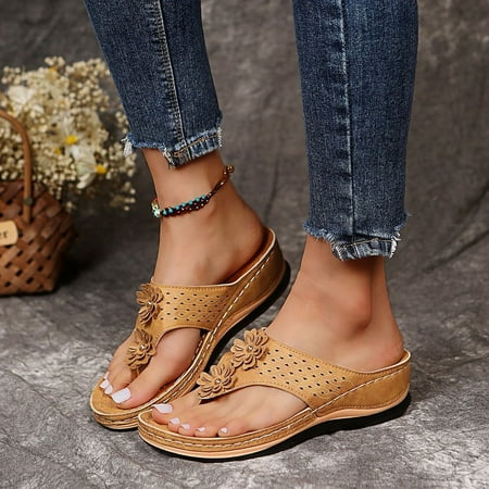 

Casual Retro Outdoor Slides Shoes Solid Color Open Toe Non Slip Thong Slippers Women s Arch Support Flower Flip Flops