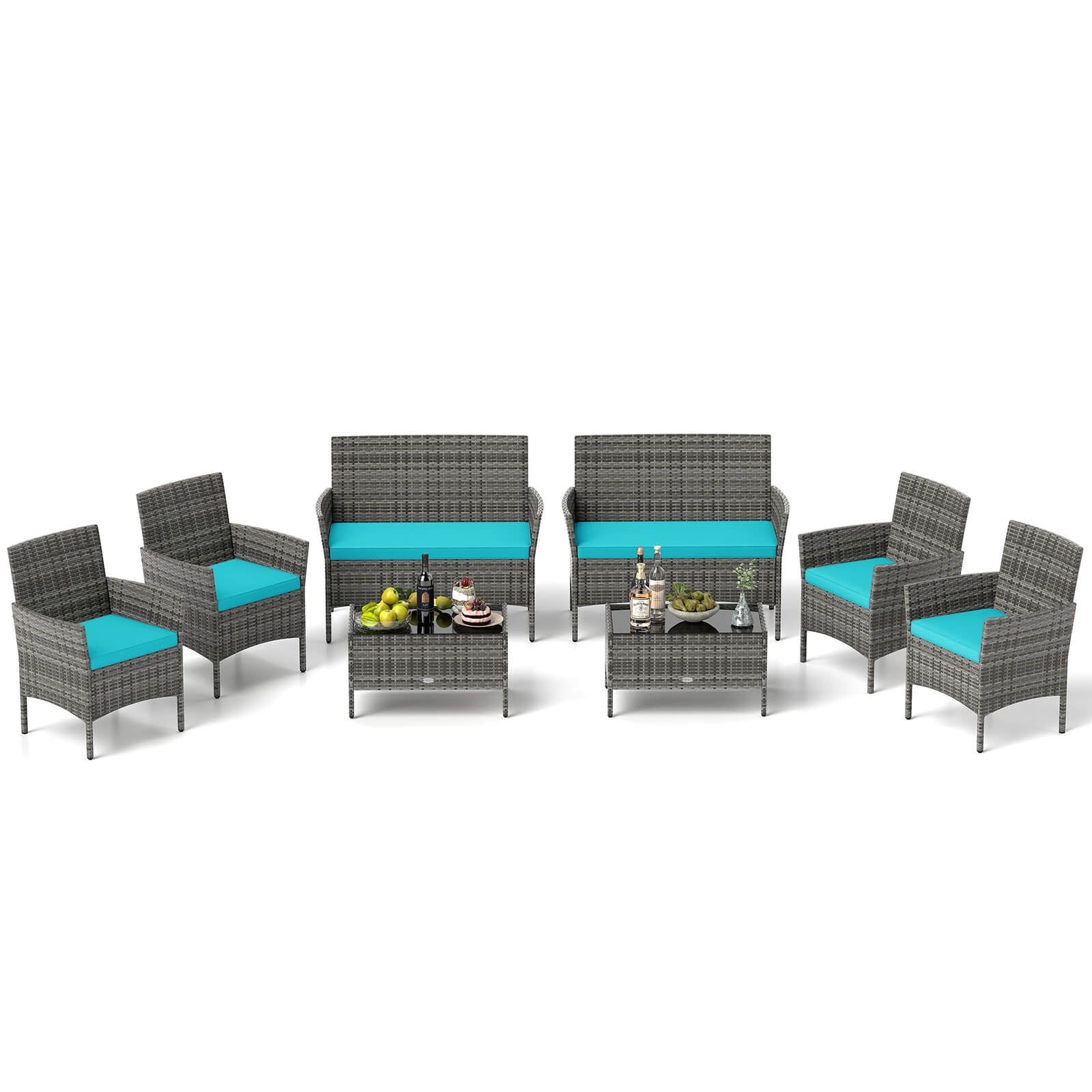 Costway 8 PCS Patio Furniture Set with Washable Cushions and Tempered Glass Coffee Table