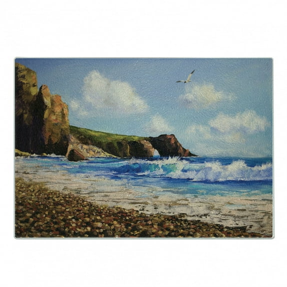 Country Cutting Board, Painting of a Sea Coast with Rock Beach Shore Wave and Seagull Nature Art, Decorative Tempered Glass Cutting and Serving Board, Small Size, Blue Brown White, by Ambesonne