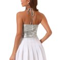 thumbnail image 3 of Camiseta metálica sin espalda para mujer Inspire Chic, con tirantes asimétricos y halter, top brillante, color plata, 3 of 6