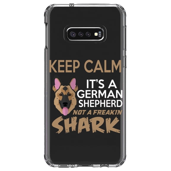 DistinctInk Clear Shockproof Hybrid Case for Samsung Galaxy S10e (5.8" Screen) - TPU Bumper Acrylic Back Tempered Glass Screen Protector - Keep Calm - It's a German Shepherd