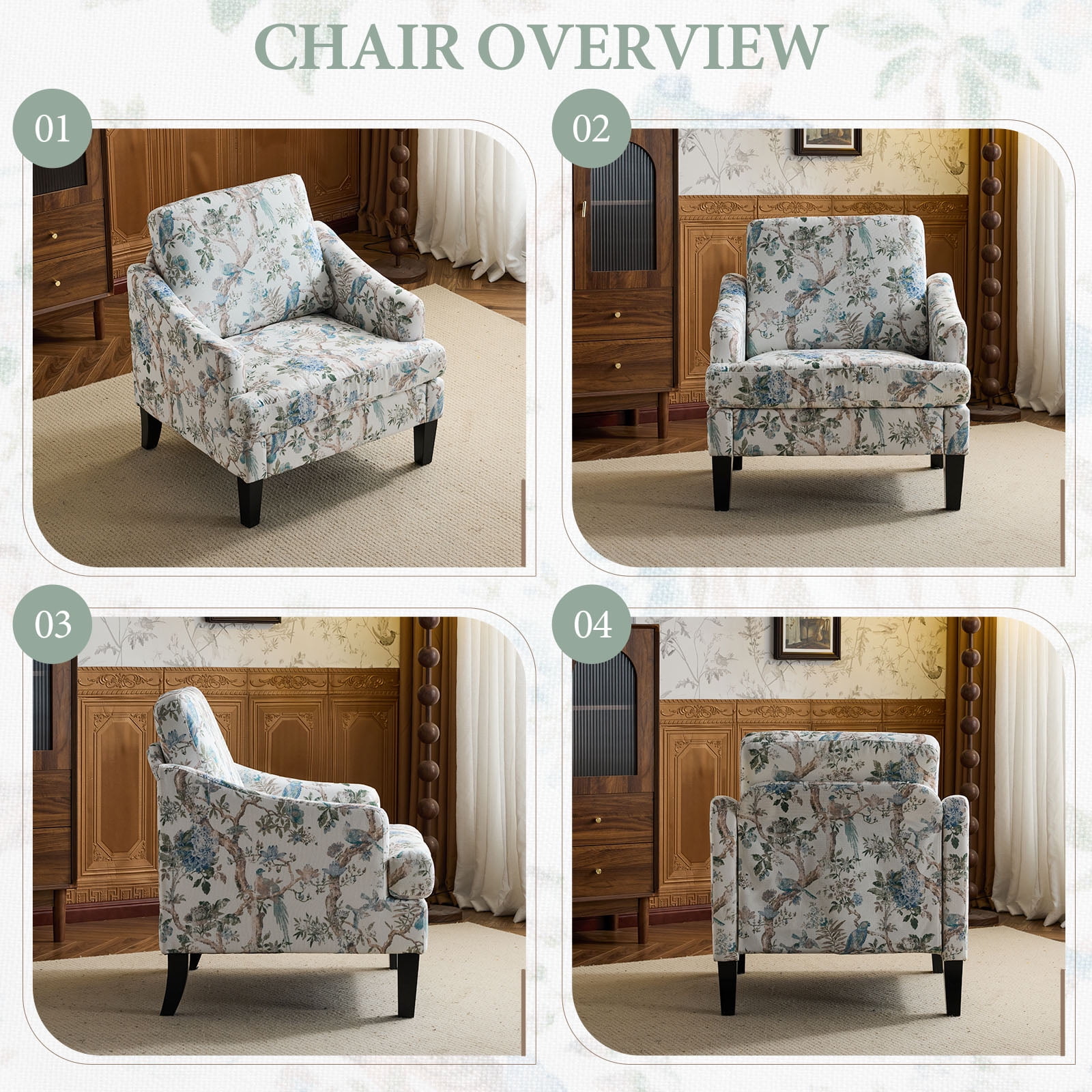 Bezseller Floral Accent Chair, Upholstered Armchair with Solid Legs,for Living Room, Bedroom, Office, Beige
