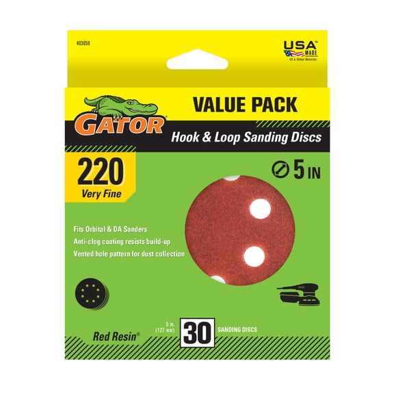 Gator 403659 5 in Very Fine 220 Grit Hook & Loop Sanding Discs, 30 Pieces
