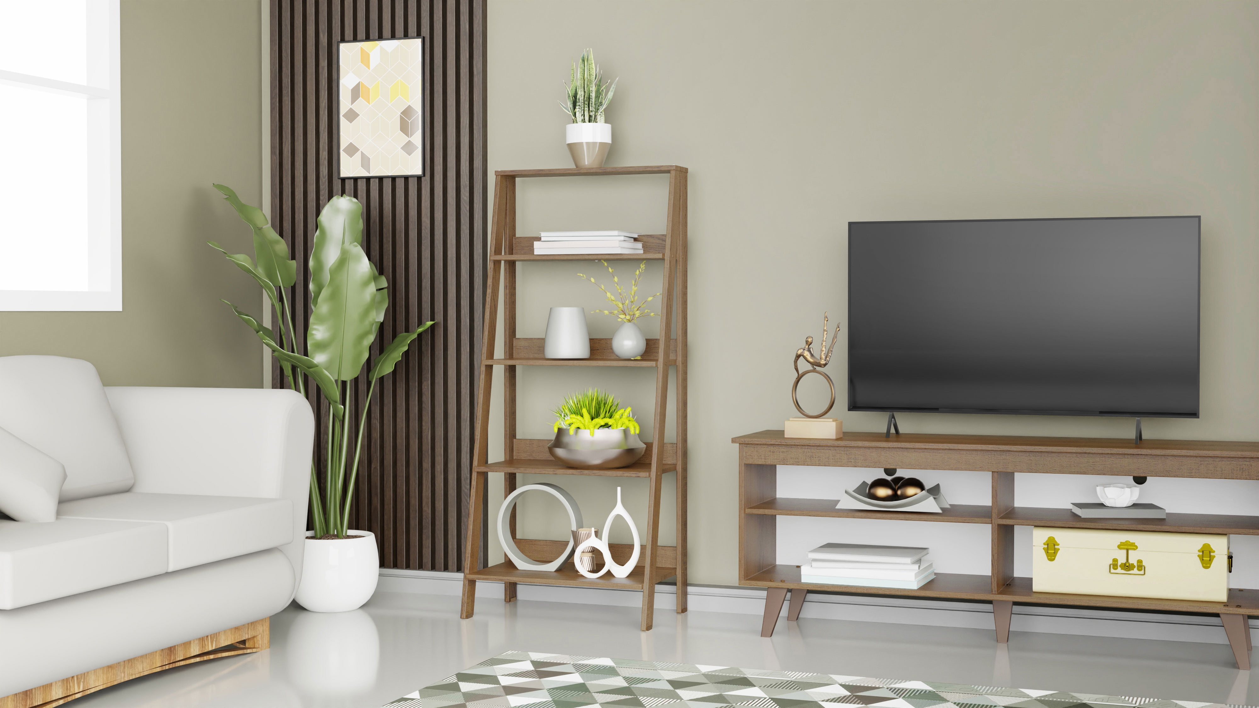 Madesa Modern 5-Tier Ladder Shelf Pantry Storage Space 24 Inch Wooden Free Standing Bookshelf Utility Shelves for Home Office Study Room and Kitchen  - Rustic