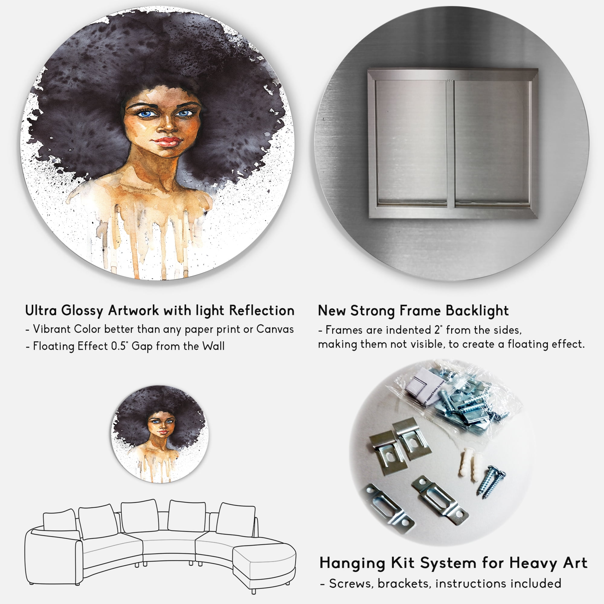 Designart 'Portrait of Afro American Woman X' Modern Circle Metal Wall Art 23x23 - Disc of 23