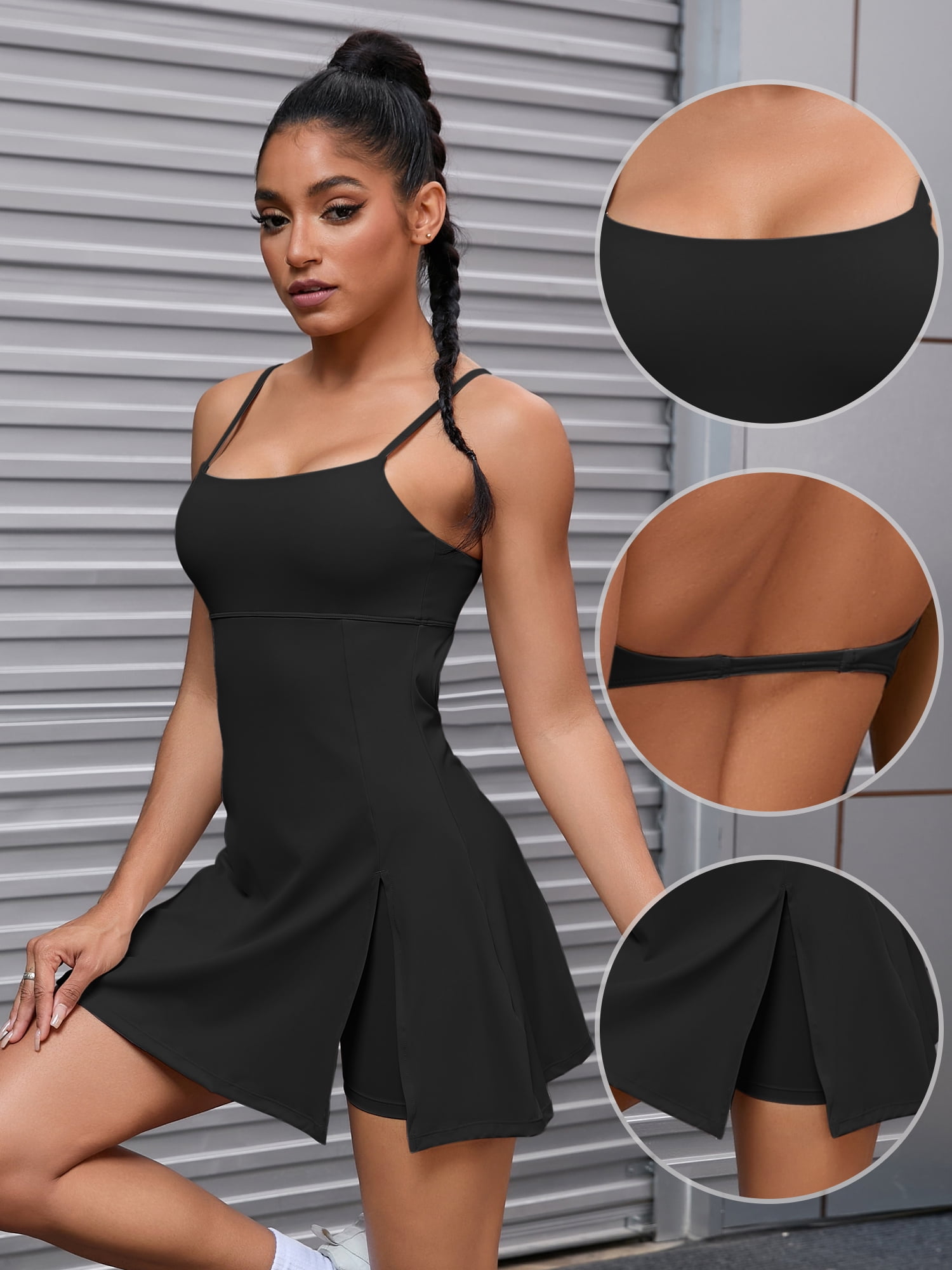 Unique Bargains Women's Tennis Dress with Built-in Bra Side Slit Slips Dresses S Black