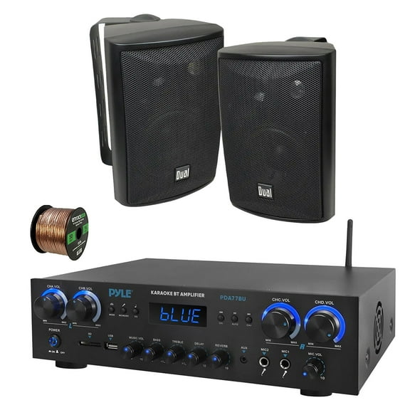 Pyle PDA77BU 4-Channel Home Theater Bluetooth MP3/USB/SD/RCA/AUX FM Radio Receiver, 2x 4" 200 Watt 3-Way Indoor/Outdoor Wall Mount Speakers (Black), 50 ft 16 Gauge Speaker Wire