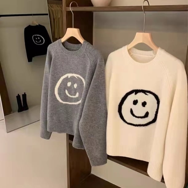 Suéter bordado con cara sonriente, suéter holgado estilo universitario para otoño e invierno, suéter informal de moda para mujer