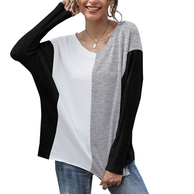Moda mujer camiseta de empalme con cuello en V de manga larga casual suelta camisa de otoño superior Abanopi Gris/Extragrande