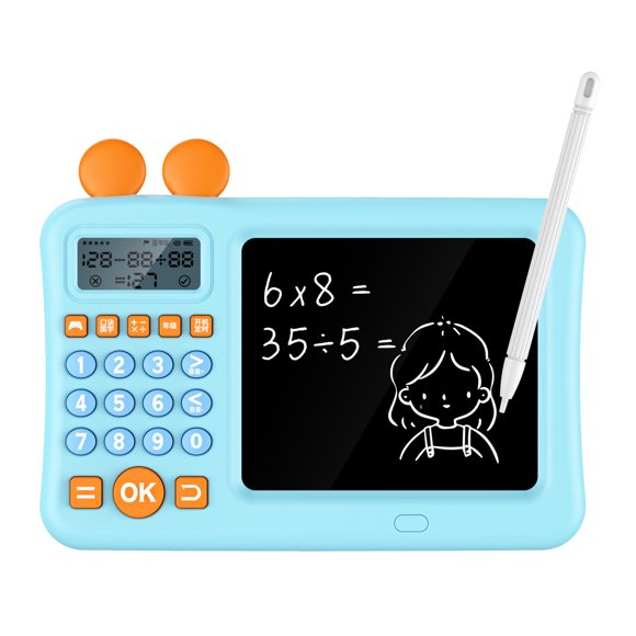 Calculadora para niños con bloc de notas, calculadora para suma, resta, multiplicación y división, máquina de aprendizaje de matemáticas con WordPad azul.