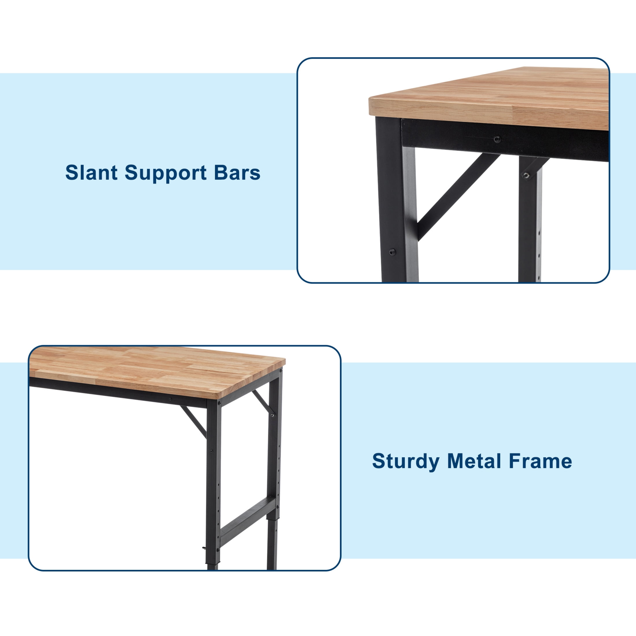 Noble House 48" Heavy-Duty Adjustable Workbench with Thick Rubber Wood Top, Hardwood Workstation, Black & Natural