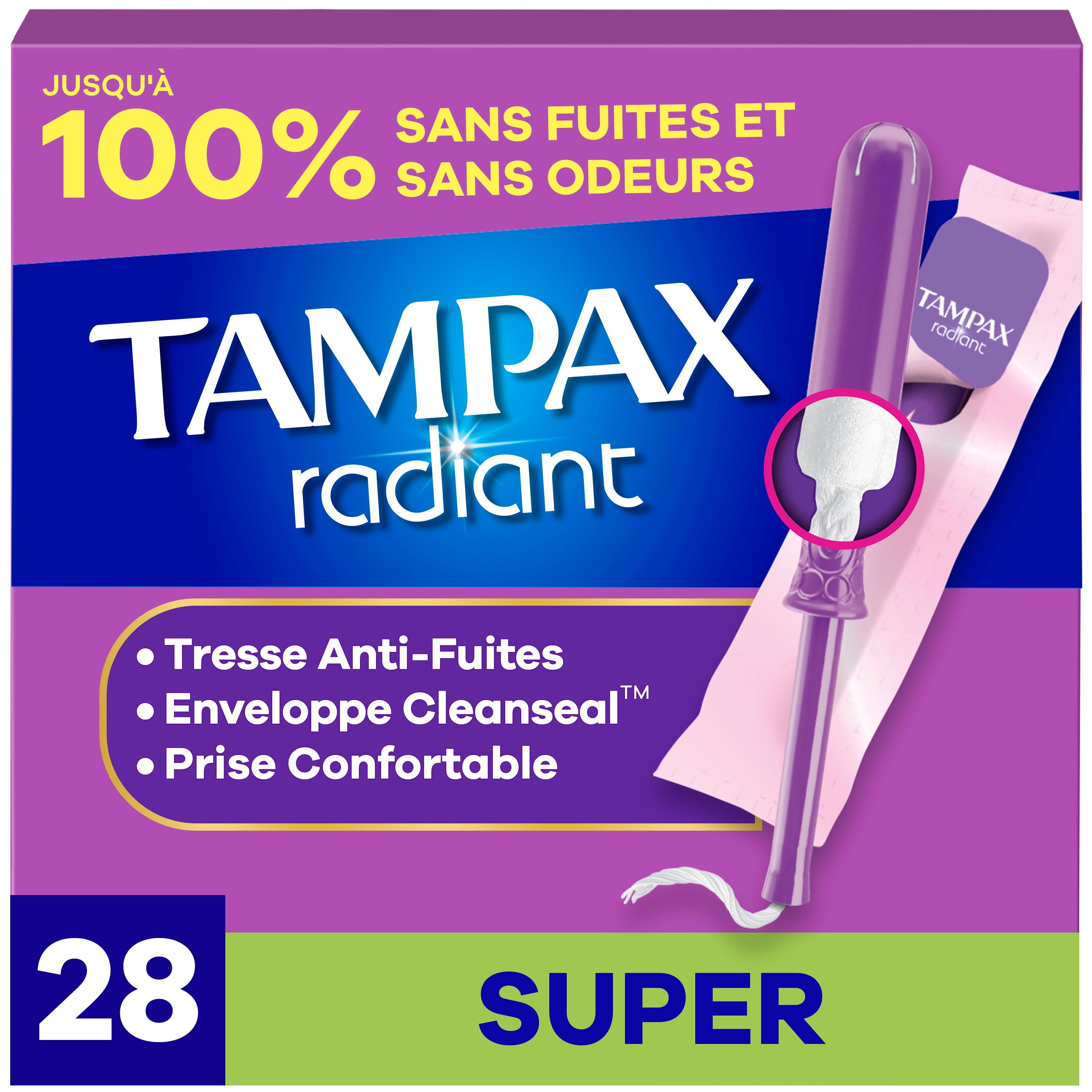Tampax Radiant Tampons with LeakGuard Braid, Super Absorbency, Unscented, 28 Count