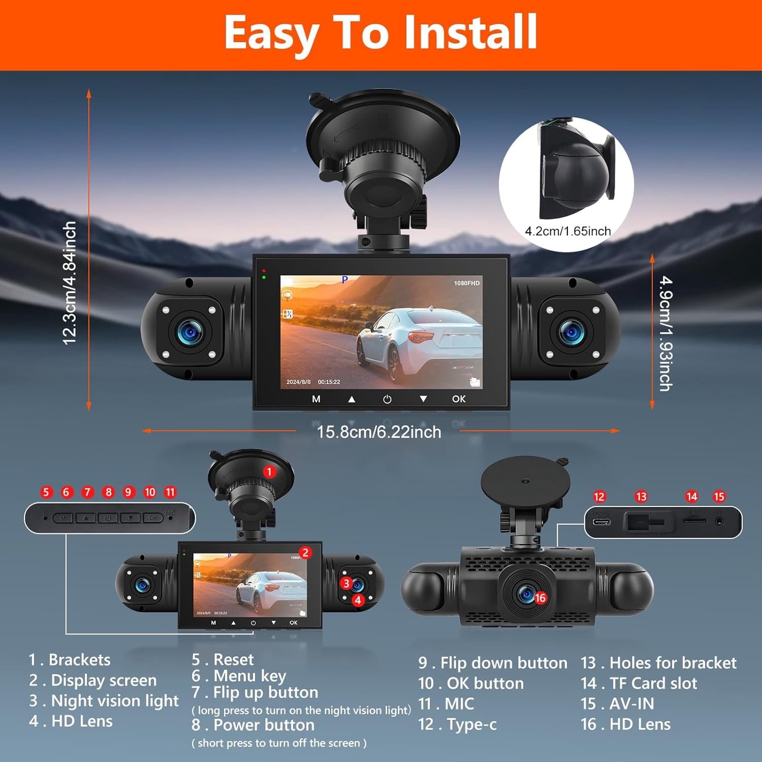360° Dash Cam Front and Rear Inside,4 Channel 3" IPS Touchscreen Dash Cam Front and Rear Inside Left Right,4*1080P Dash Camera with 8 IR Night Vision,Loop Recording,G-Sensor,24 Hours Recording