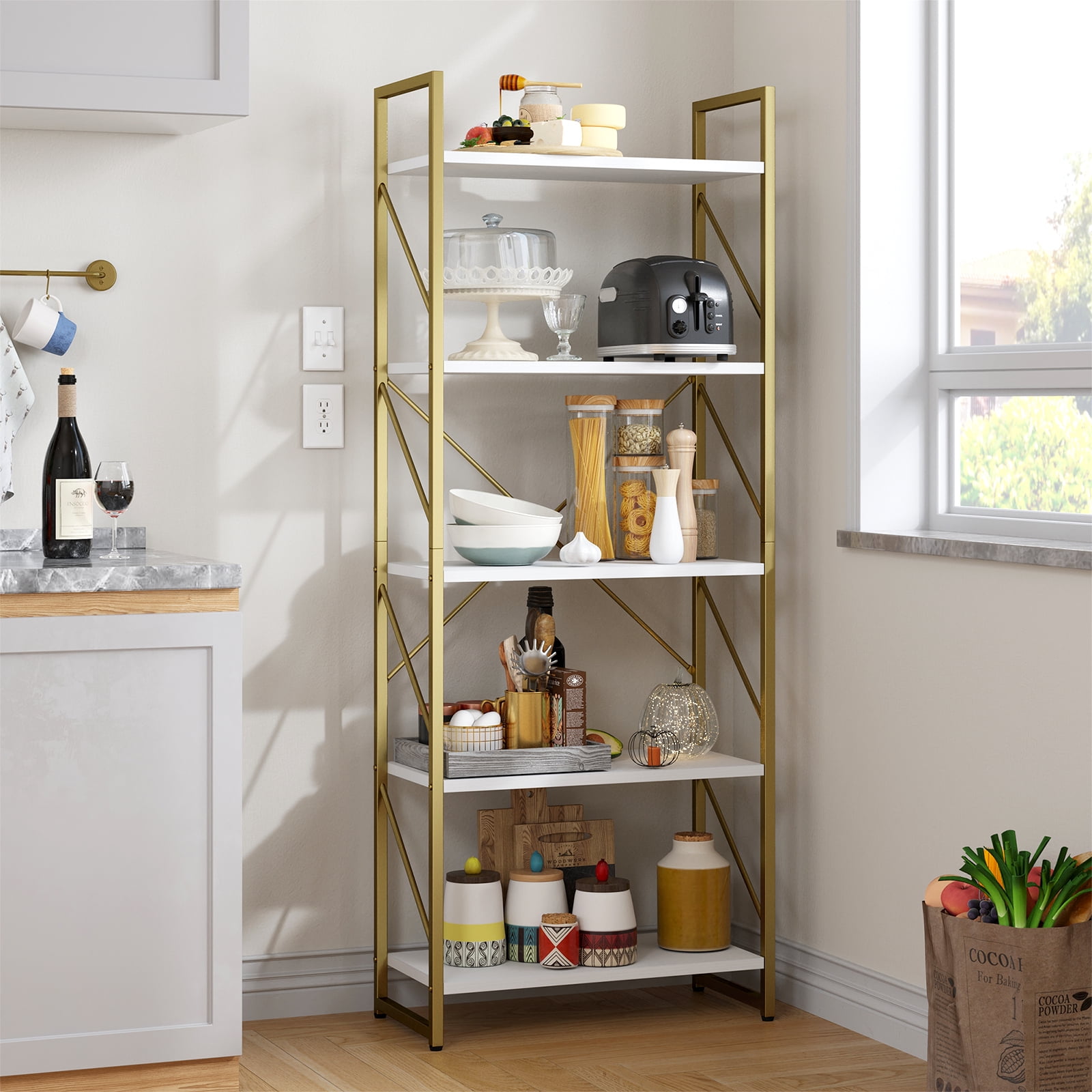 Dextrus 5-Tier Gold & White Bookshelf, Modern Freestanding Bookcase with Open Storage Shelves for Bedroom, Living Room, Office