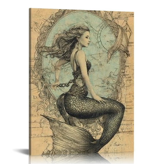 RKSupls Vintage Mermaid Canvas Wall Art, Canvas Prints Wall Art for Living Room Bedroom Bathroom Office, Art Print Painting for New Year Home Decorations,12x16in