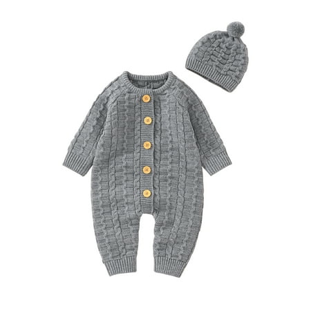 

Meihuida Baby Knit Jumpsuit Set Long Sleeve Button Closure Solid Romper with Hat