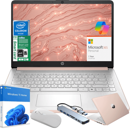 HP 14" Ultra Thin Laptop, Intel Quad-Core Processor, 8GB RAM, 384GB (128GB eMMC+64GB SD Card), Windows 11 Home, 1 Year Microsoft Office 365, Lightweight Notebook for Work or School, Gift Set(Pink)