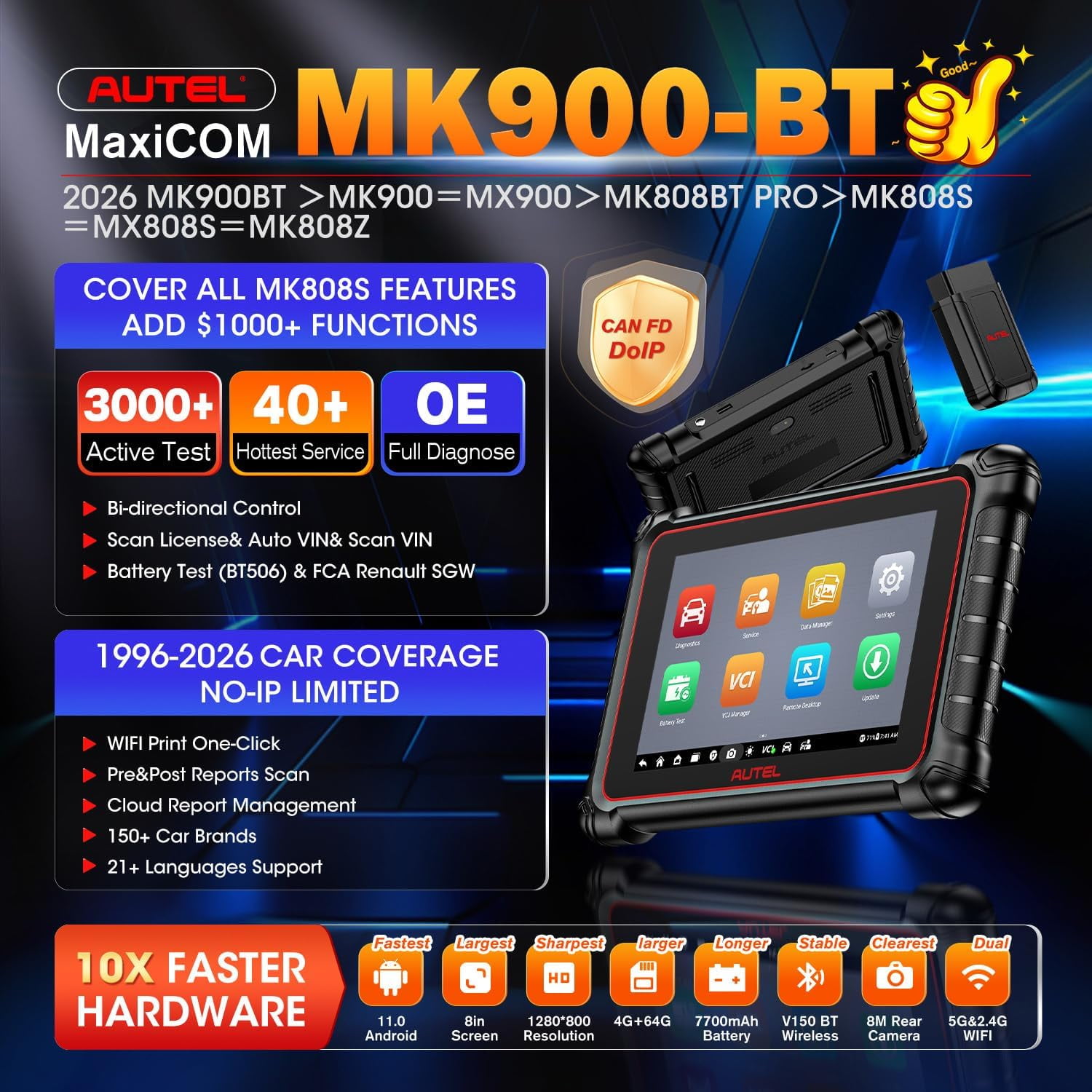 Autel  Scanner MaxiCOM MK900BT, 2026 MK900-BT V2.0 Bidirectional Vehicle Diagnostic Tool, 8in up of MK900 MX900 MK808S MK808BT , 3000+ Active Tests, 40+ Service, CAN-FD&DOIP