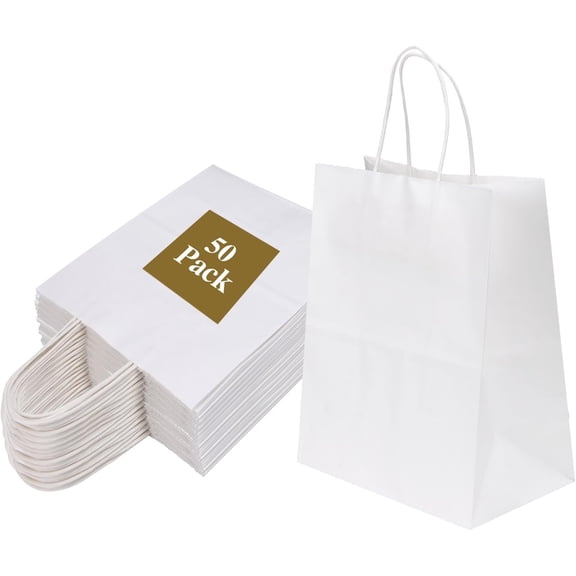 50 Pack 8x4.75x10 Inch Medium White Paper Bags with Handles Bulk, Craft Paper Bags for Party Favors Grocery Retail Shopping Business Goody Merchandise Take Out Blank Sacks (50pcs)