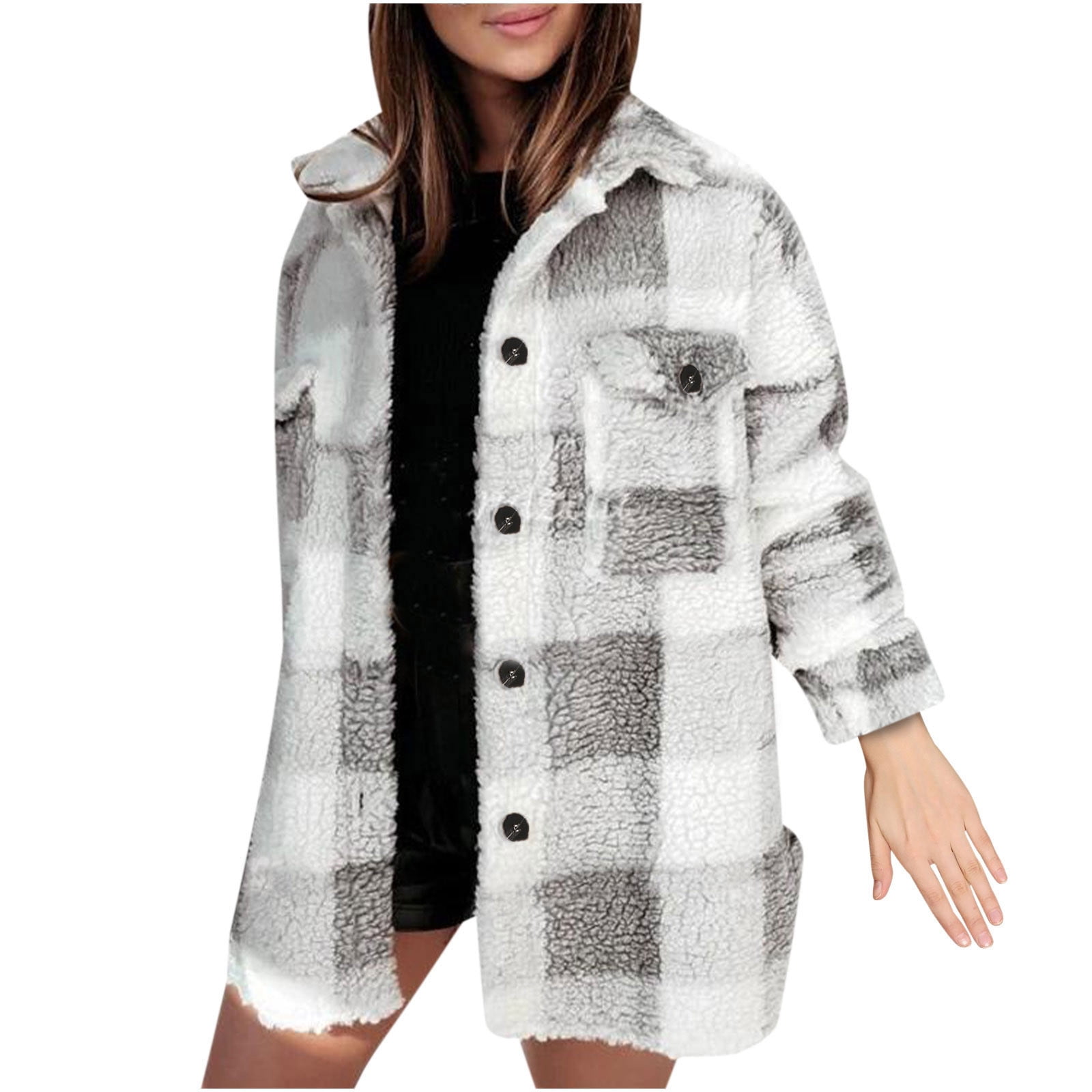 GRACE KARIN Women Warm Coat Sherpa Teddy Jacket Plaid Botton Outwear Pockets 