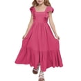 thumbnail image 2 of FAOWME Toddler Kids Girls Dress Flying Sleeve Square Neck Solid Color Backless Comfortable Fashion Dresses For Casual Daily Wear,Hot Pink,12-13 Years, 2 of 5