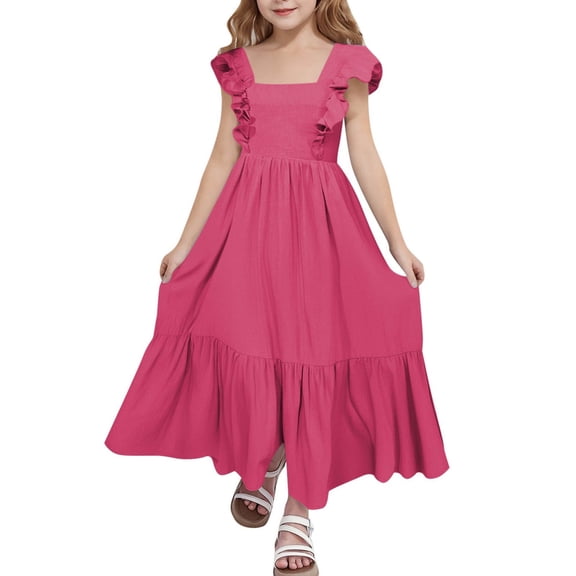 LIIPEE Girls Dresses Casual Summer Elegant Solid Color Square Neck Sleeveless Backless Party Dress Comfortable Breathable Soft Cute Daily Flowy Dresses,Hot Pink,14-15 Years