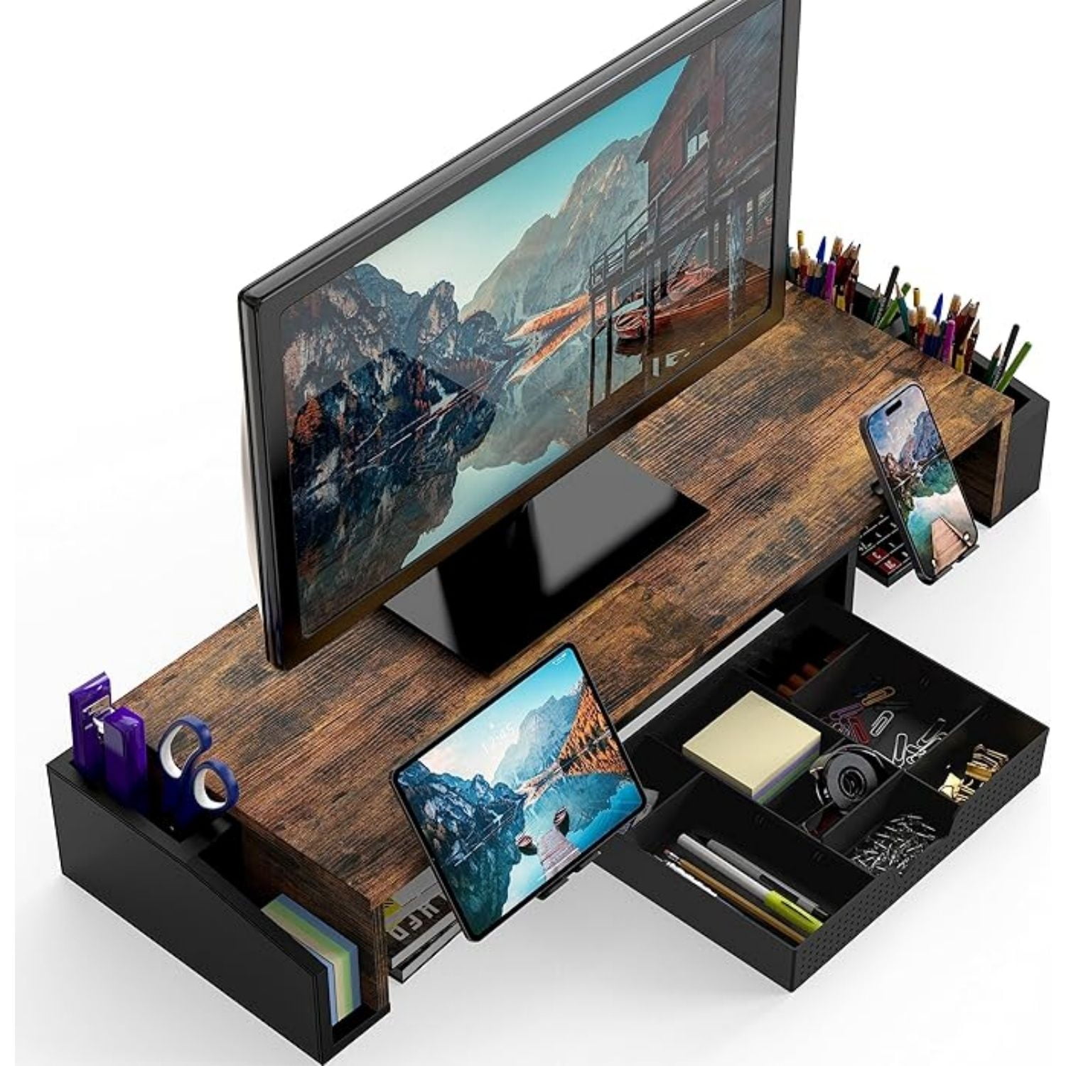 Desk Dual Monitor Stand Riser with Drawer, Rustic Brown