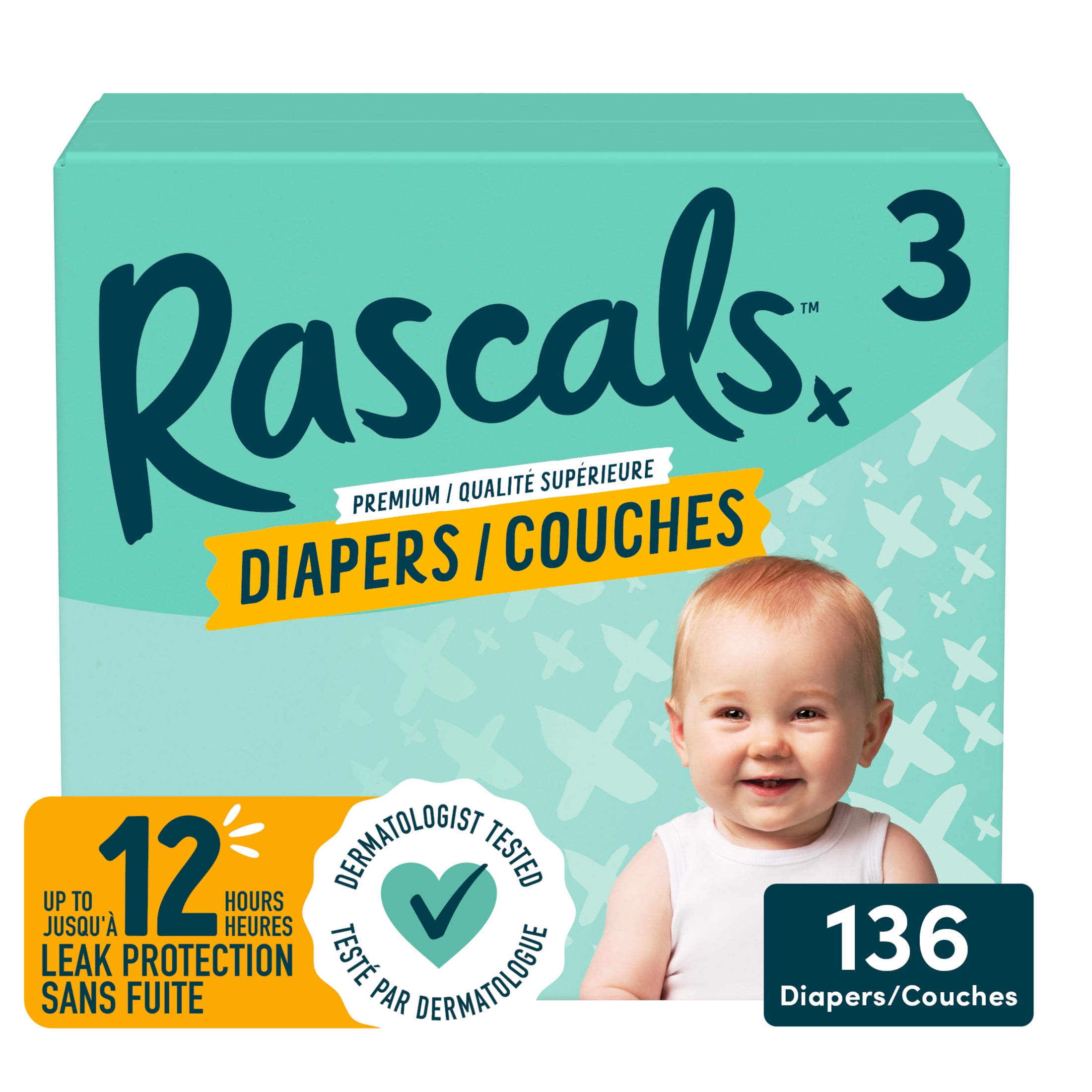 Rascals Premium Diapers, Size 3, Carton, 136 Count, Unisex Baby Diaper