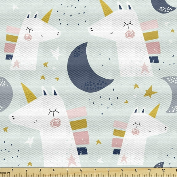 Ambesonne Cartoon Fabric by the Yard Upholstery, Unicorns Moon Stars Spots, 3 Yards, Multicolor